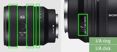 Pantalla dividida: vista lateral izquierda del lente con el anillo de enfoque, zoom y apertura resaltados (izquierda); vista lateral derecha del lente con el interruptor de clic de apertura resaltado (derecha)