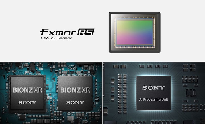 Ilustración del sensor de imagen Exmor RS™, el motor de procesamiento de imágenes Bionz XR™ y la unidad de procesamiento de IA